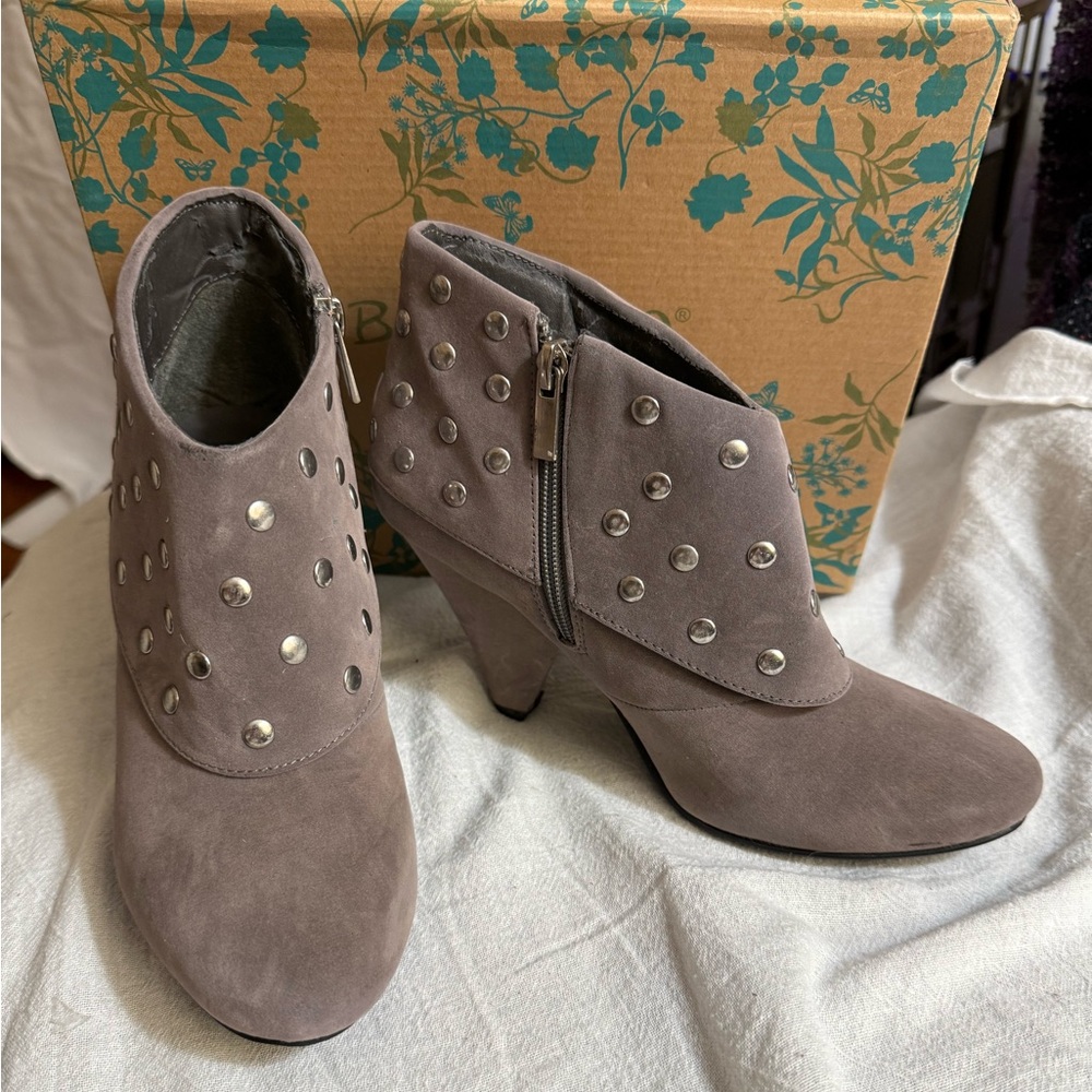 Studded Taupe Heeled Ankle Boots 7.5